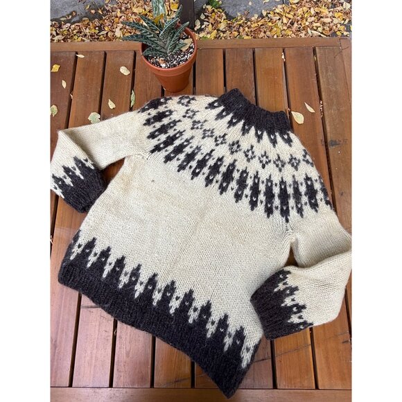 70s Cardigan Sweater Wool Mohair Ivory Brown Nordic Islandic 1970s Fair Isle - Picture 14 of 16